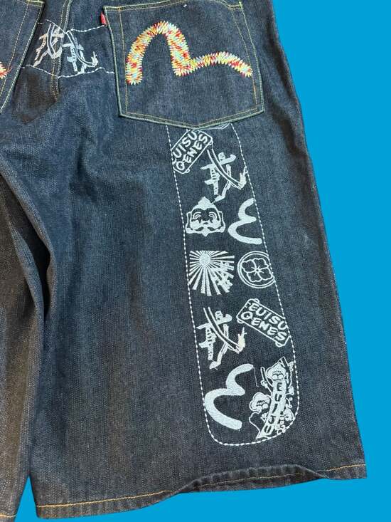 Vintage Evisu Genes Baggy Denim Shorts Size 40 Y2K Embroidered Seagull Jorts - Picture 8 of 13